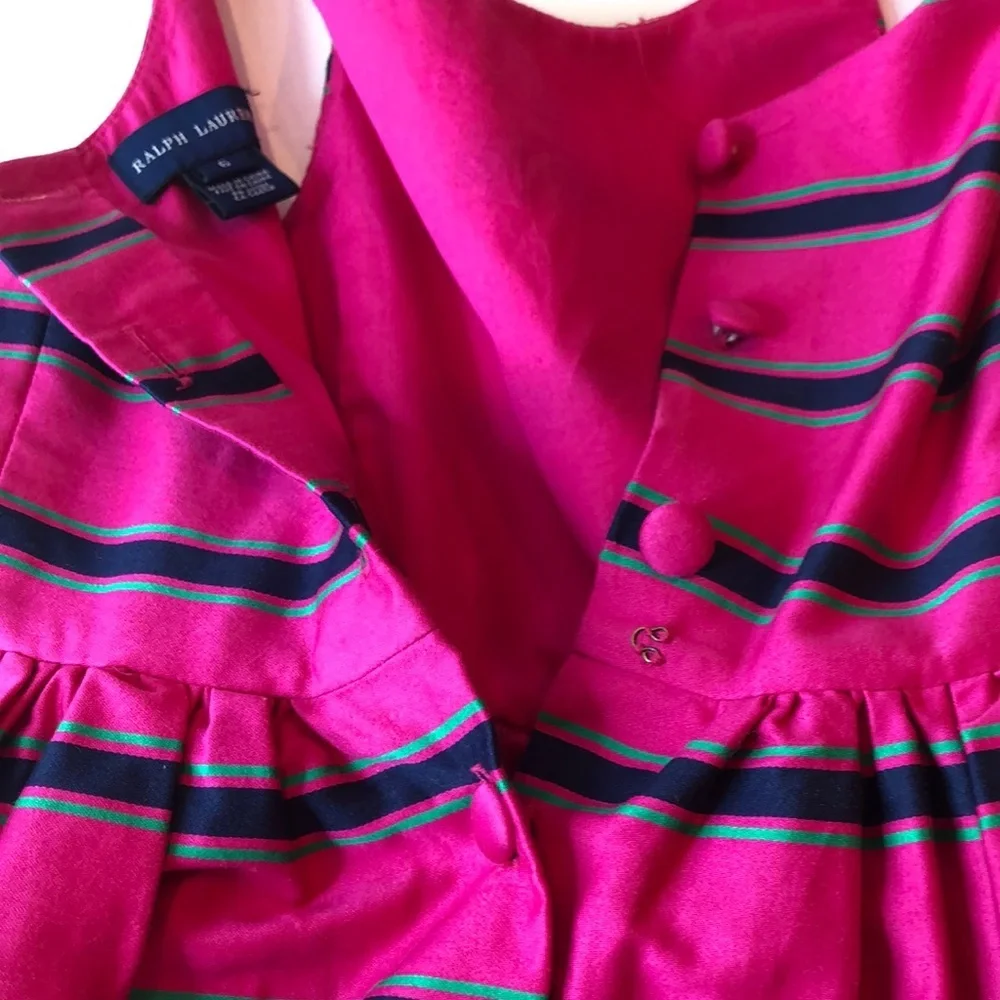Ralph Lauren Pink Dress Blue Green Stripe Belt Covered Buttons Lined Girls 6 EUC